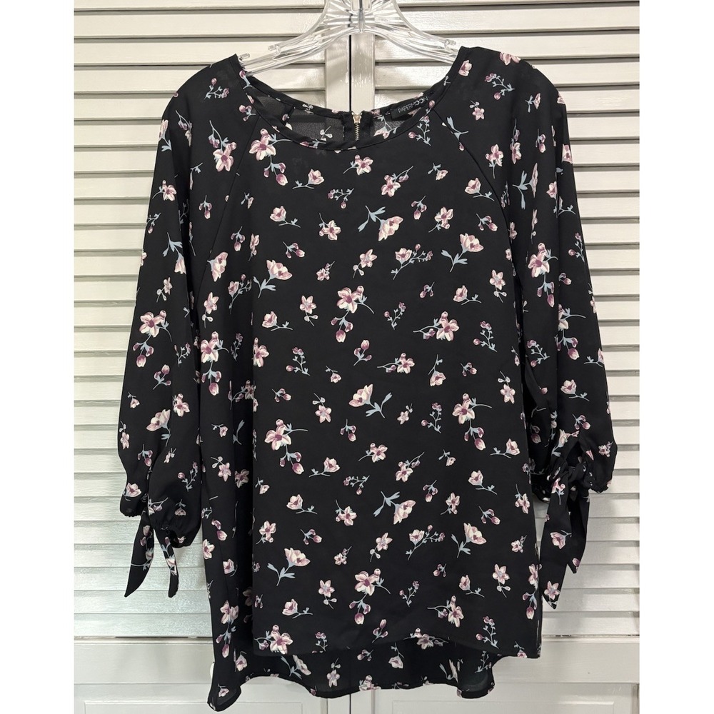 Papermoon‎ Black/Purple Floral 3/4 Tie Sleeve Zip Back Blouse Size L High/Low